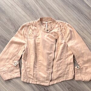 Free People Tan Pink Moto Jacket Floral Cutout Blazer